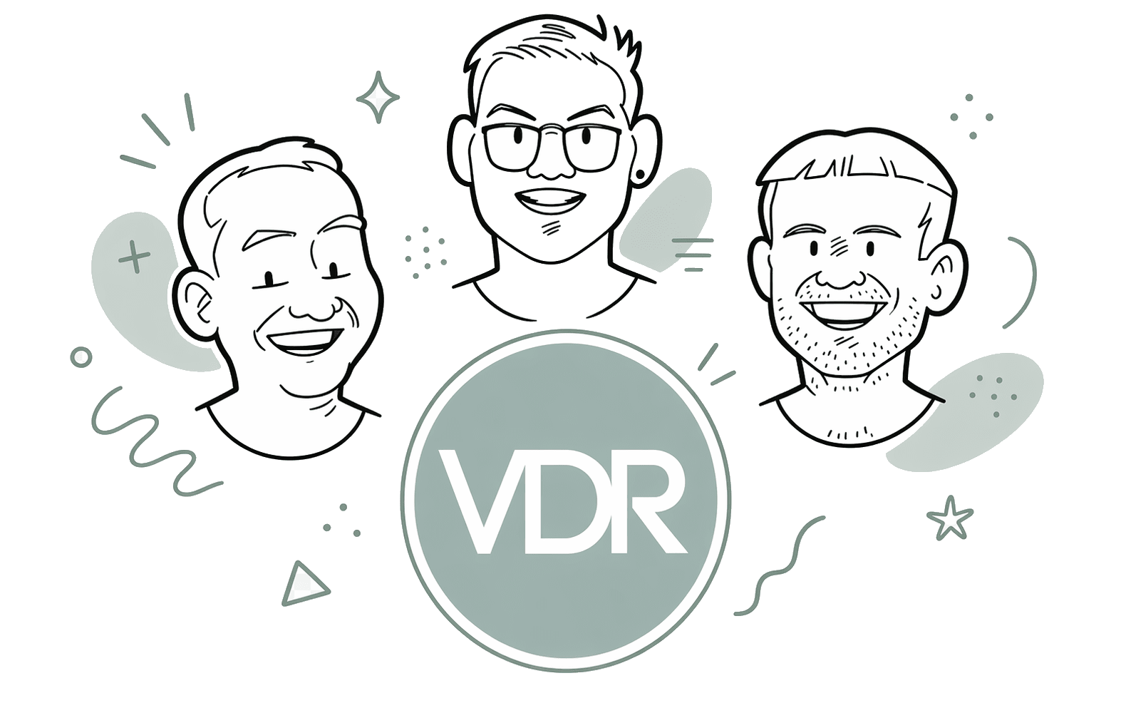 Illustrated mural of the three VDR founders around the sage-green VDR logo.