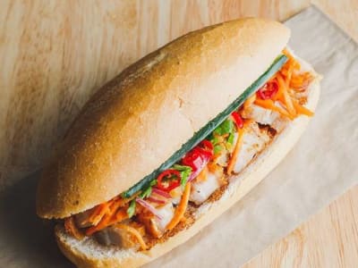 Vietnamese baguette with pickled veg, coriander, and your choice of meat.
