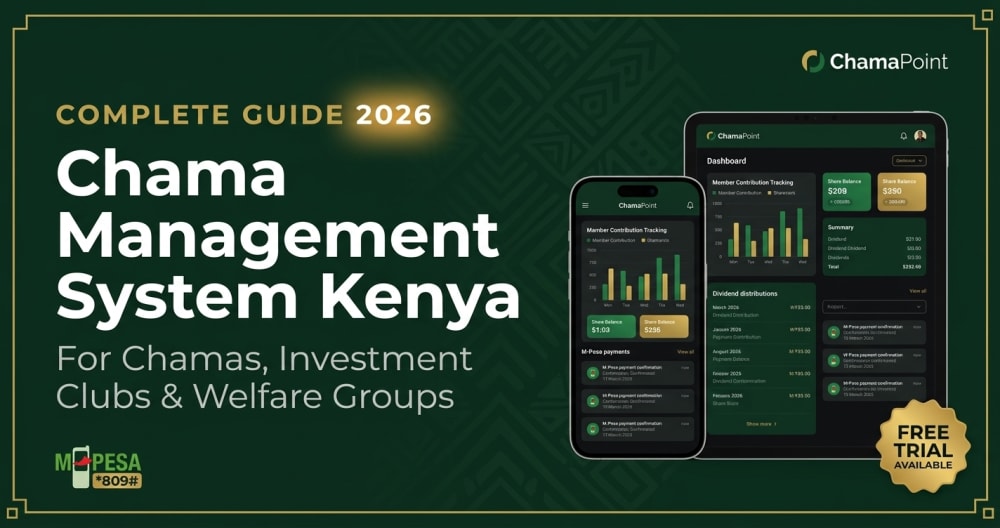 ChamaPoint chama management system Kenya showing contribution tracking dashboard and M-Pesa payments for investment clubs 2026