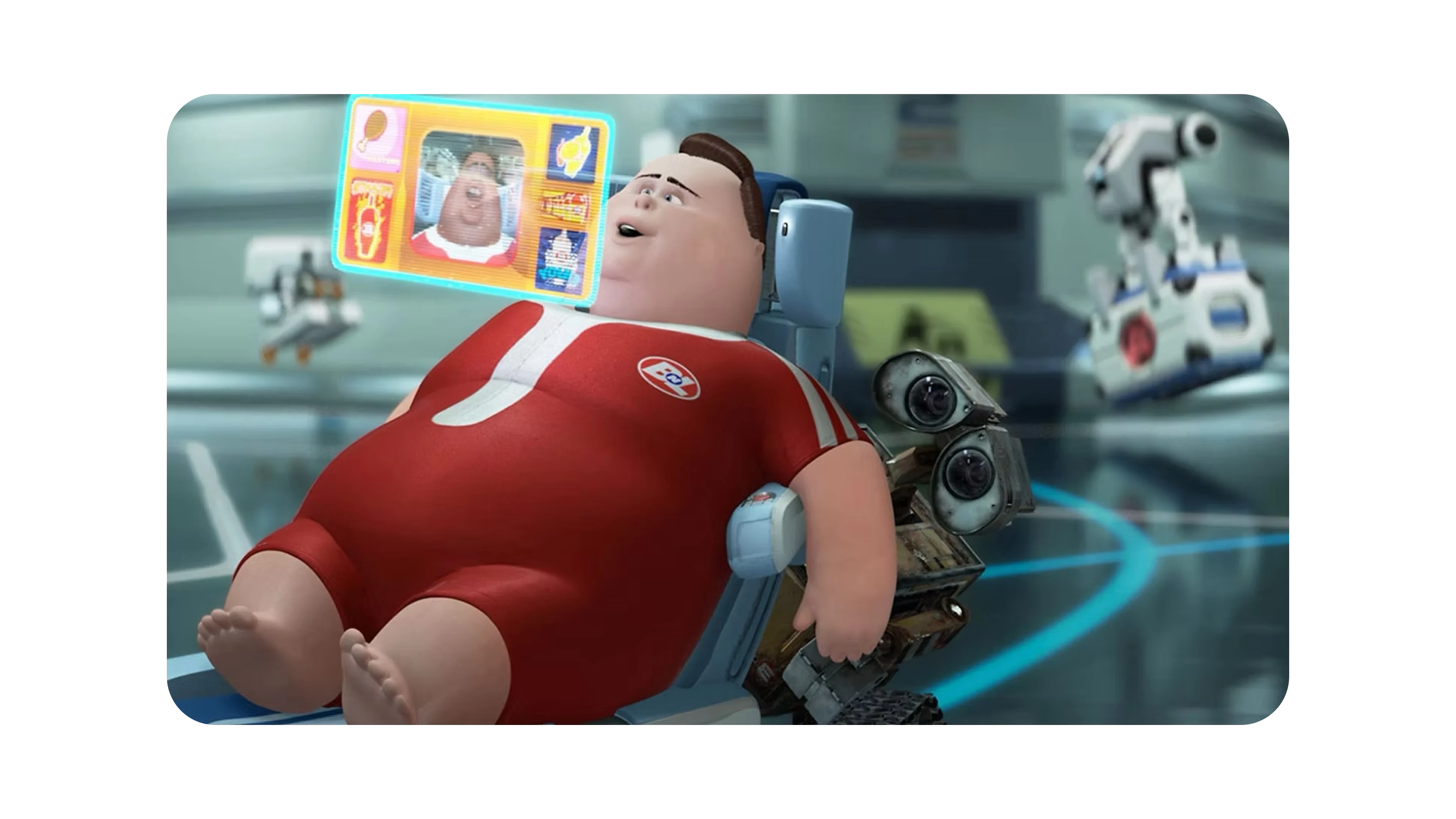 Lazy people sitting on rolling chairs in the movie WALL-E