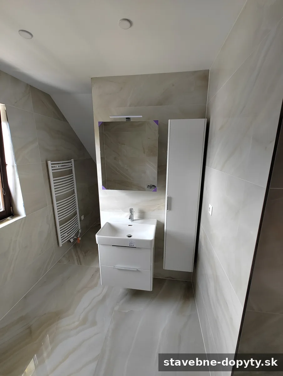 Svetlá kúpeľňa v rodinnom dome s elegantnou dlažbou a obkladom, závesným umývadlom a zrkadlom.