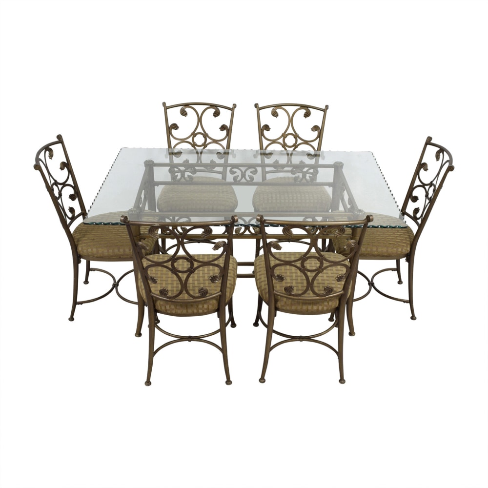 Glass and Gold Wrought Iron Dining Set on sale