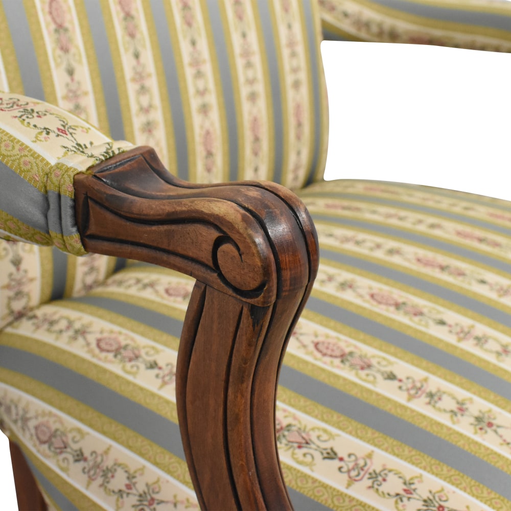 Pair of french louis xv style wooden yellow striped upholstered armchairs