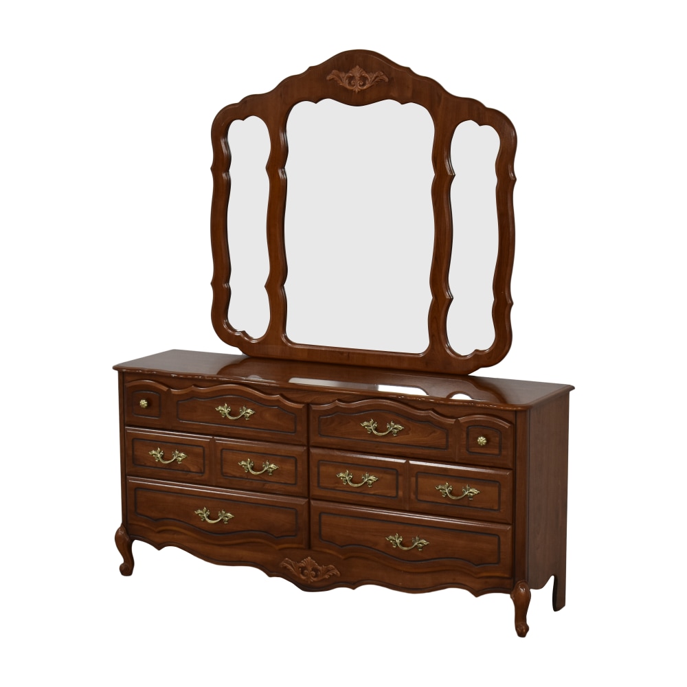  Vintage Double Dresser with Trifold Mirror  dimensions