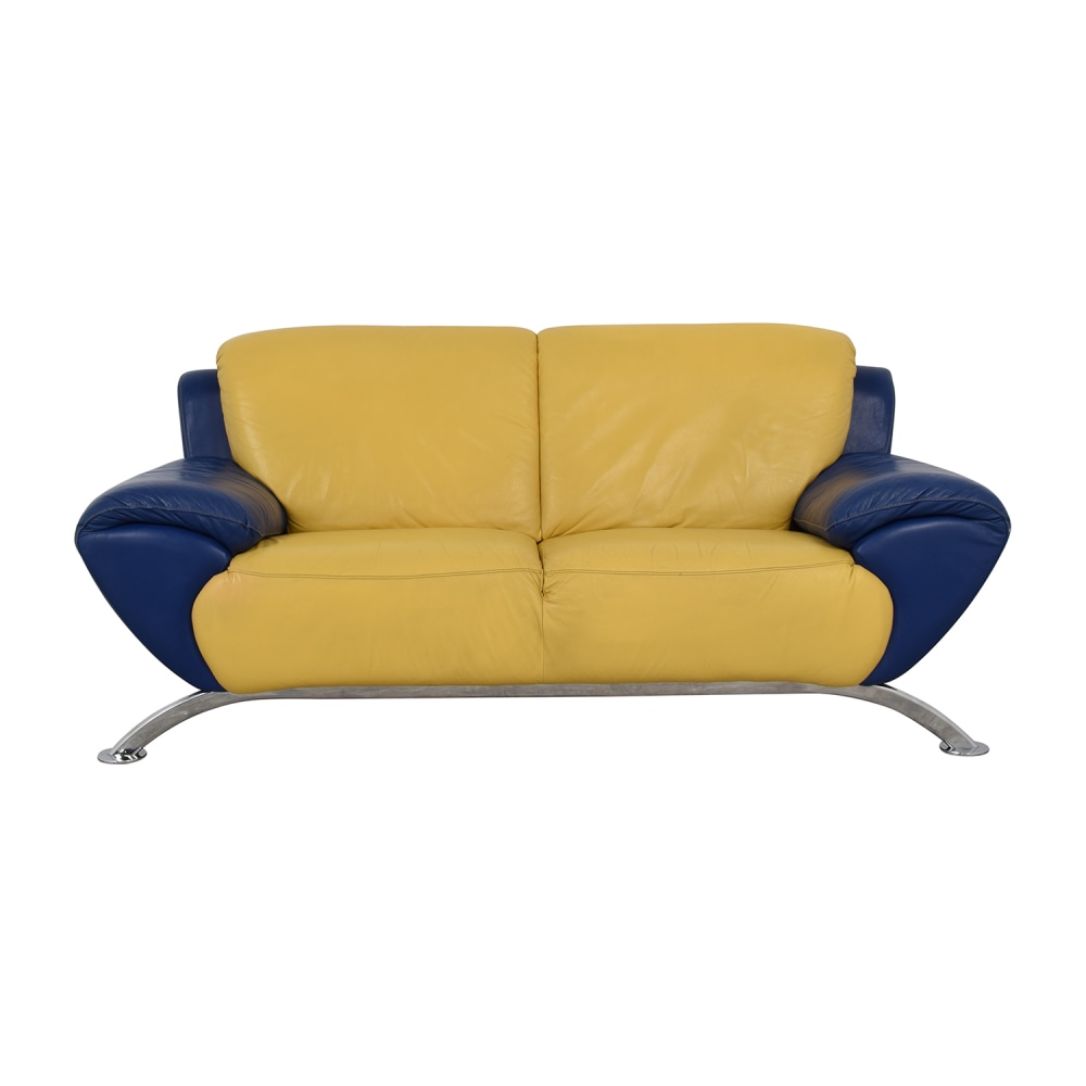 Blue Leather Two Cushion Sofa