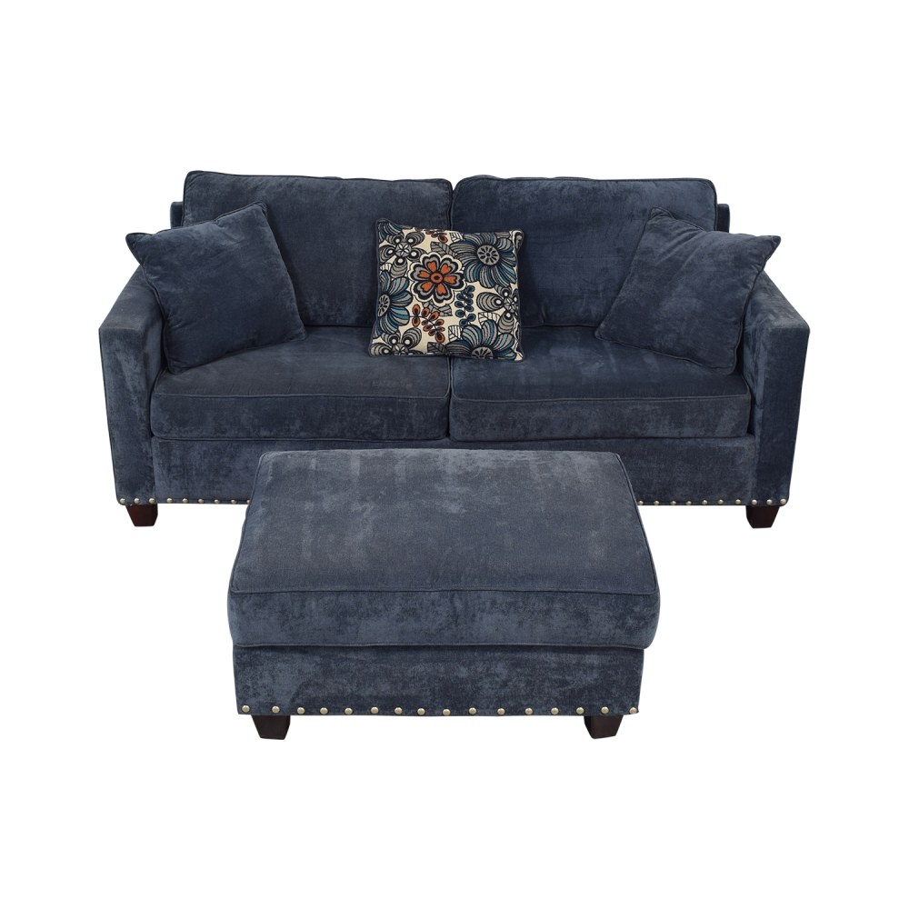 Bob's Discount Furniture Melanie Blue Nailhead Sofa and Ottoman