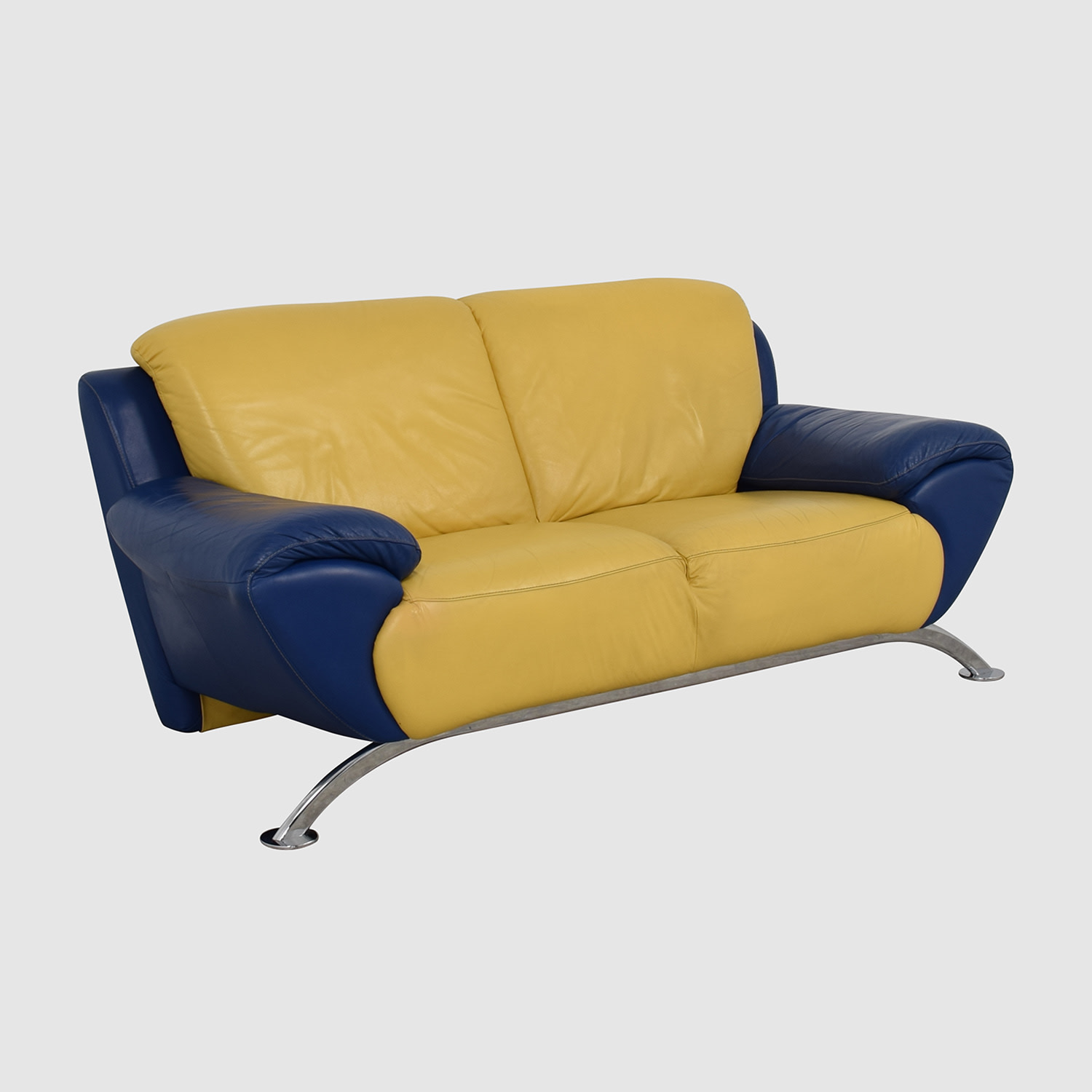 Blue Leather Two Cushion Sofa