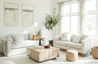 Bright and airy living room with wood coffee table