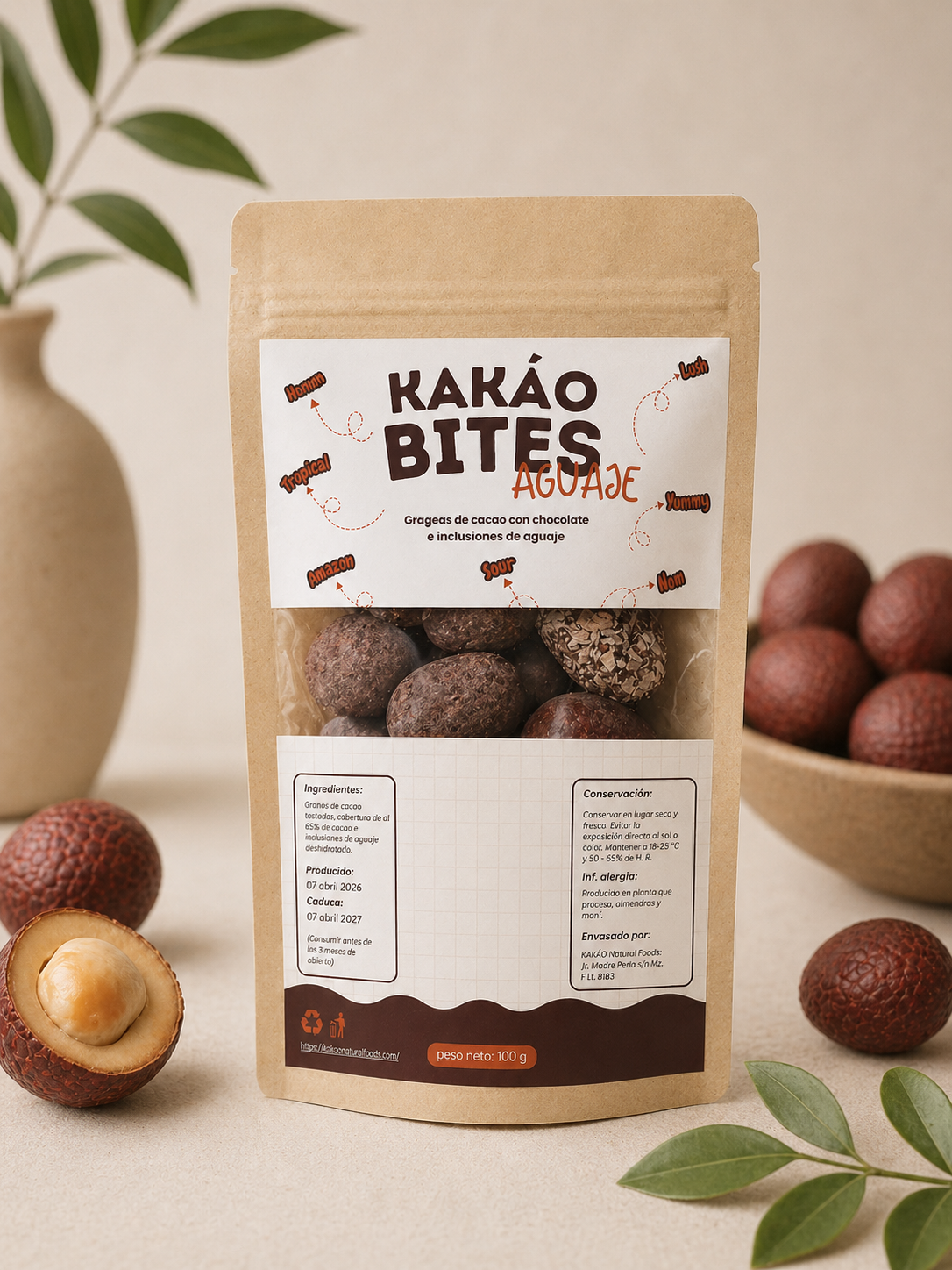 Kakáo Bites Aguaje: Grageas de cacao con cobertura de chocolate e inclusiones de aguaje 60%