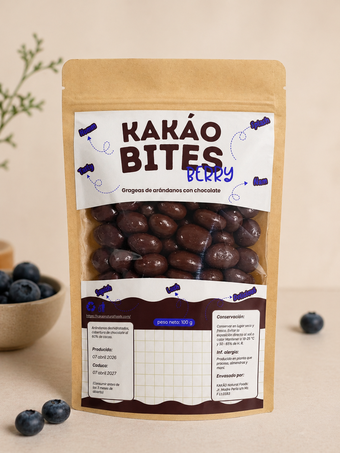 Kakáo Bites Berry: Grageas de arandanos con cobertura de chocolate al 60%