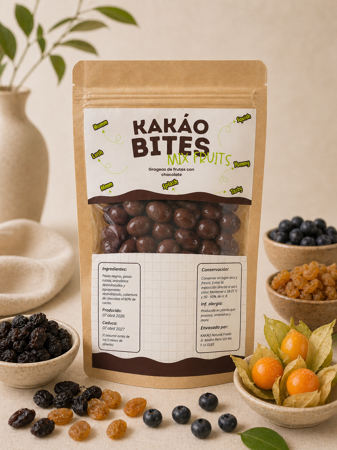 Kakáo Bites Fruits Mix: Grageas de frutos deshidratados pasas arandanos y aguaymanto  con cobertura de chocolate al 60%