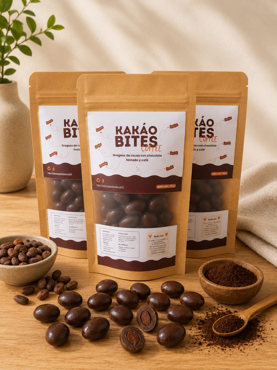Kakáo Bites Coffee: Grageas de cacao con cafe con cobertura de chocolate con leche al 50%