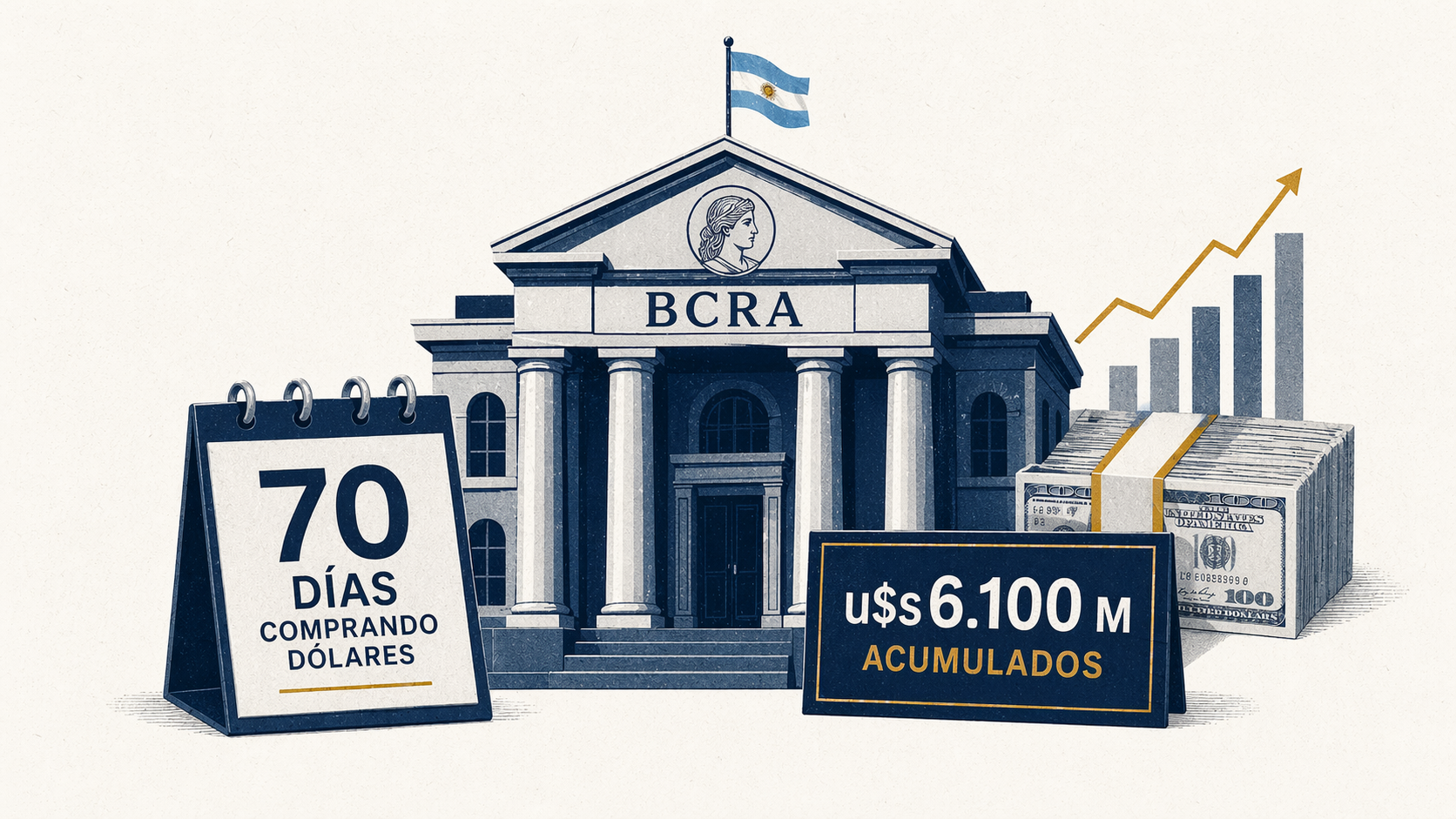 BCRA: 70 días comprando dólares y u$s6.100 M acumulados