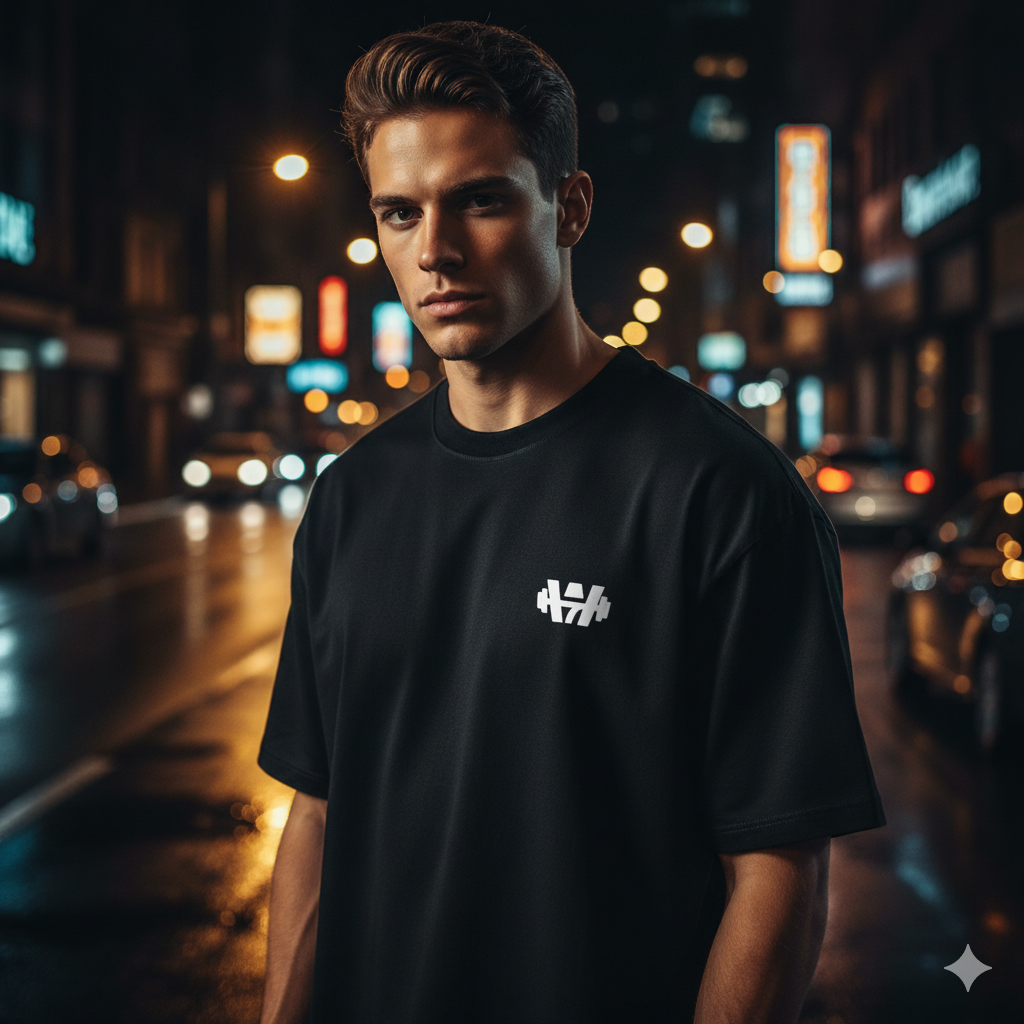 Modelo vestindo a camiseta oversized preta com atitude