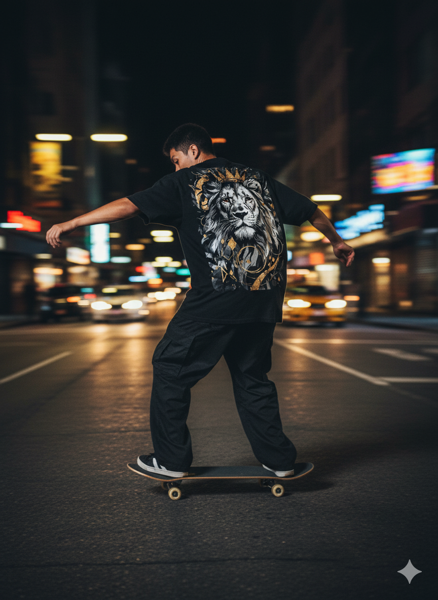 Modelo em cenário urbano vestindo camiseta preta com estampa nas costas