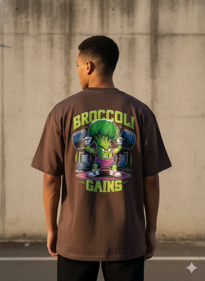 Modelo de costas vestindo camiseta marrom com estampa