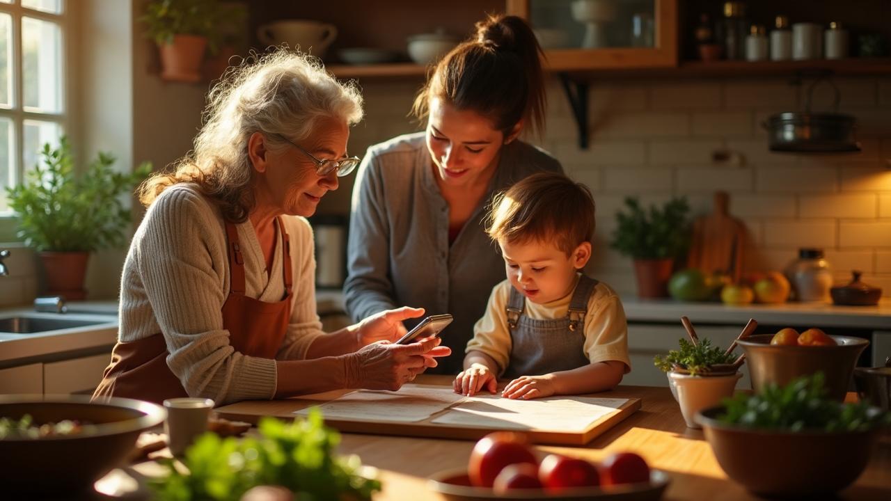 Trois générations cuisinent ensemble - grand-mère, mère et enfant regardent un livre de recettes dans une cuisine chaleureuse