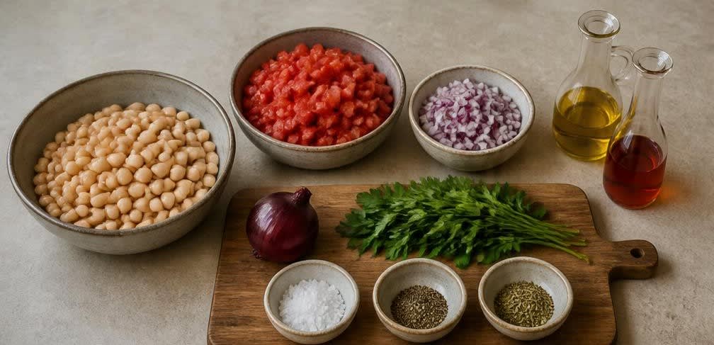 Mediterraner Bohnensalat mit Tomaten und Olivenöl – Zutaten bereitstellen