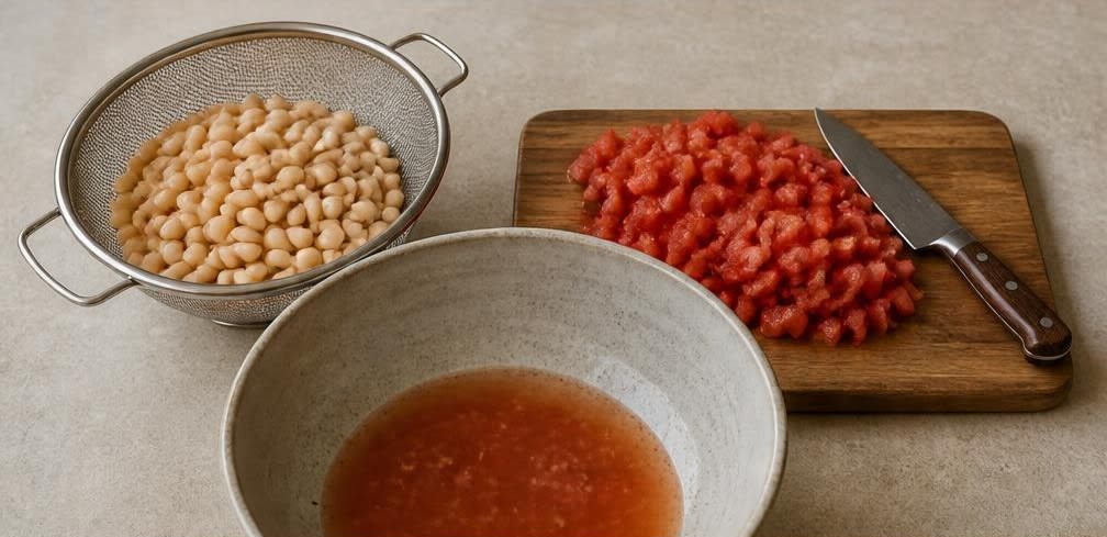 Mediterraner Bohnensalat mit Tomaten und Olivenöl – Zubereitung Schritt für Schritt – Zutaten vorbereiten