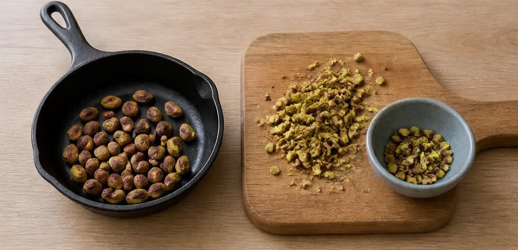 Gefüllte Aprikosen mit Frischkäse und Pistazien – Zubereitung Schritt für Schritt – Pistazien rösten und hacken