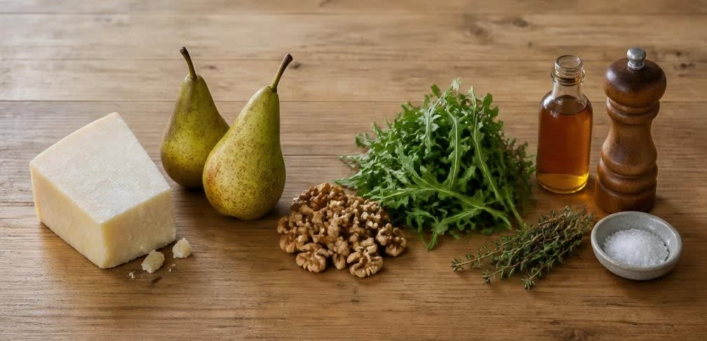 Würziger Pecorino Romano mit saftigen Birnenscheiben, Walnüssen und Honig – Zutaten bereitstellen