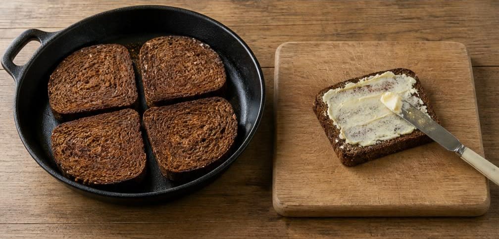 Skandinavisches Makrelen-Brot mit Zitrone und Dill – Zubereitung Schritt für Schritt – Brot rösten und buttern