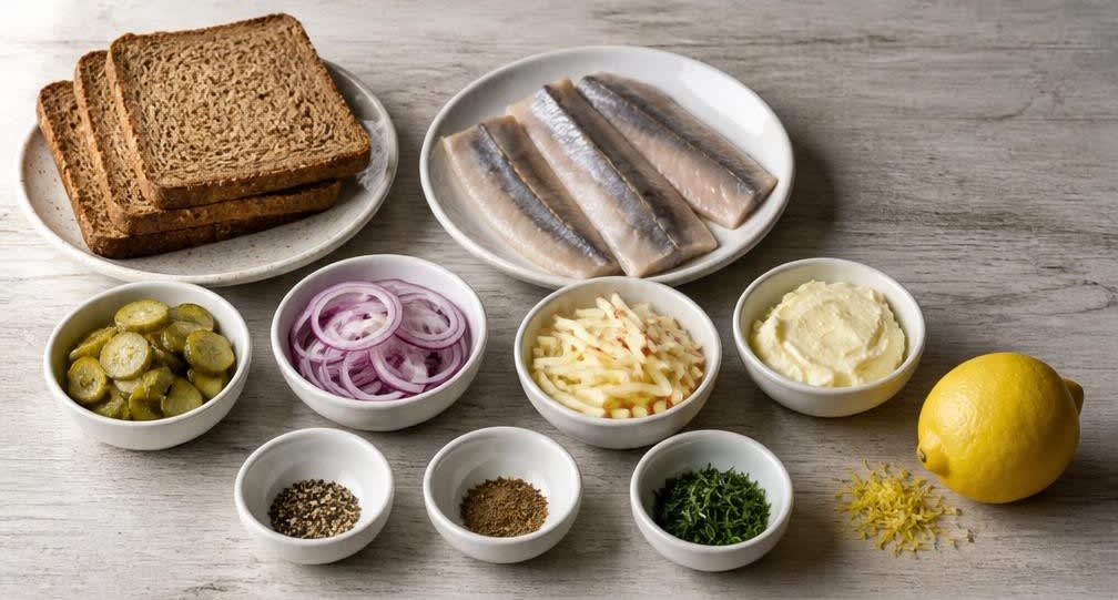Osteuropäisches Heringsbrot mit Gewürzgurke und Apfel – Zutaten
