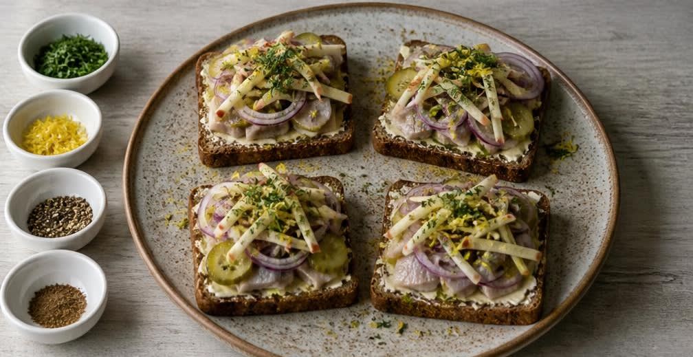 Osteuropäisches Heringsbrot mit Gewürzgurke und Apfel – Zubereitung Schritt für Schritt – Anrichten