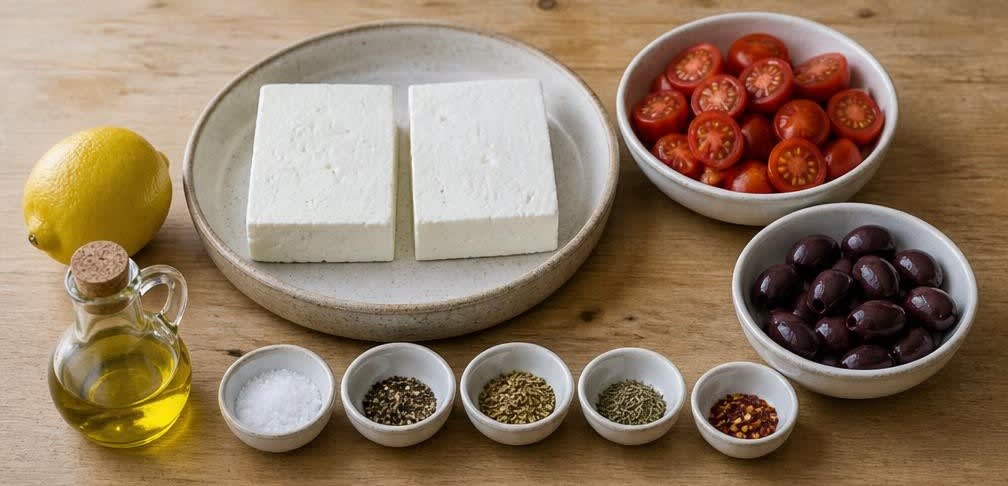 Gegrillter Feta mit Zitrone, Oliven und Oregano – Zutaten