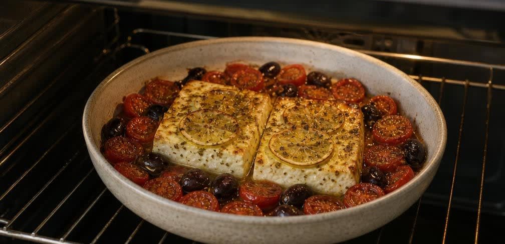 Gegrillter Feta mit Zitrone, Oliven und Oregano – Zubereitung Schritt für Schritt – Im Ofen grillen