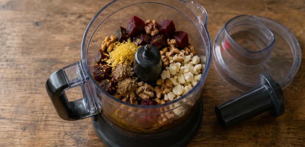 Osteuropäischer Rote-Bete-Dip mit gerösteten Walnüssen – Zubereitung Schritt für Schritt – Dip-Zutaten mischen