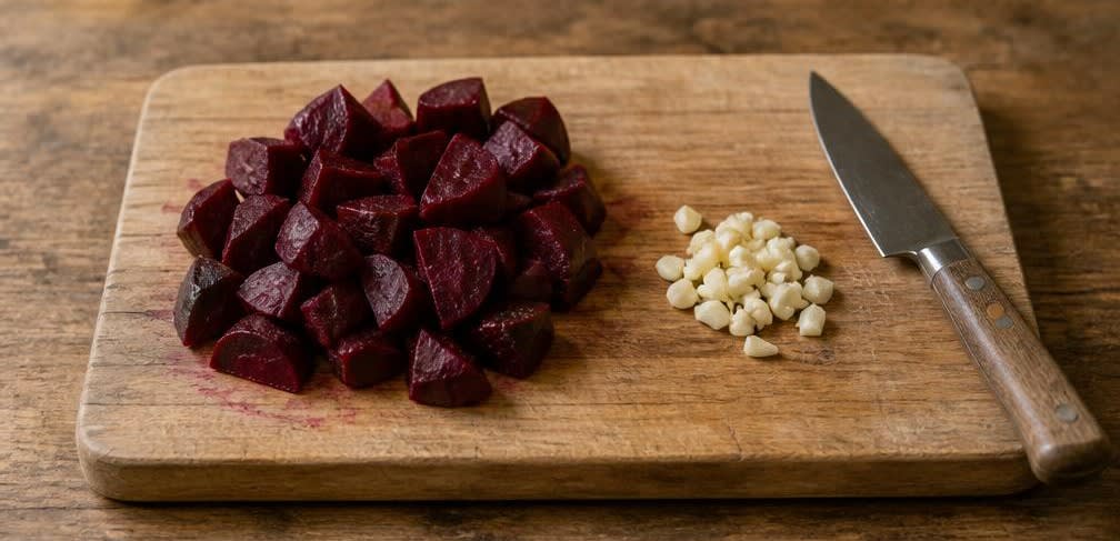 Osteuropäischer Rote-Bete-Dip mit gerösteten Walnüssen – Zubereitung Schritt für Schritt – Rote Bete und Knoblauch vorbereiten