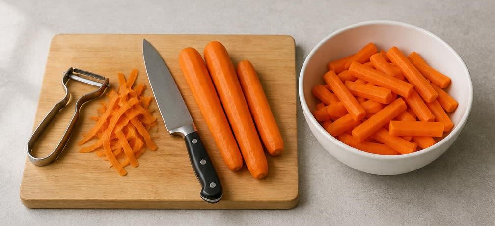 Cremiger libanesischer Hummus mit knackigen Karottensticks – Zubereitung Schritt für Schritt – Karottensticks schneiden
