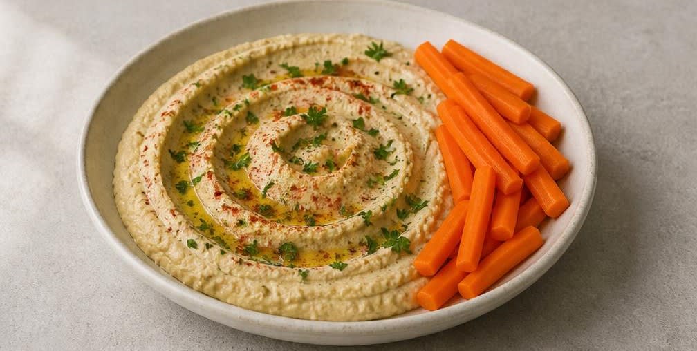 Cremiger libanesischer Hummus mit knackigen Karottensticks – Zubereitung Schritt für Schritt – Hummus anrichten