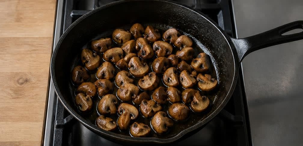 Französisches Rührei mit braunen Champignons – Zubereitung Schritt für Schritt – Champignons anbraten