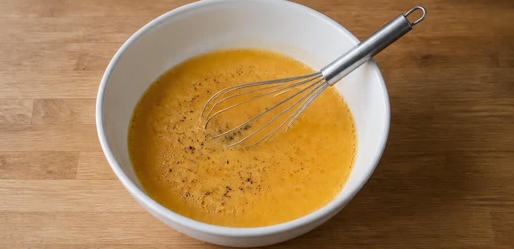 Französisches Rührei mit braunen Champignons – Zubereitung Schritt für Schritt – Eier verquirlen