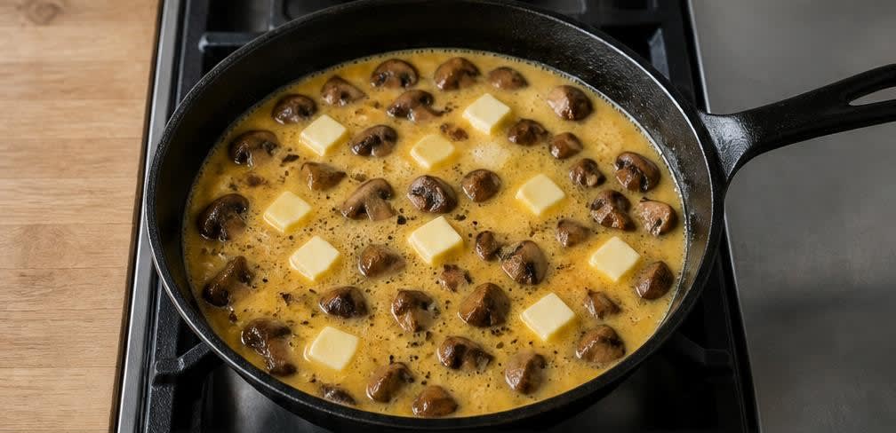 Französisches Rührei mit braunen Champignons – Zubereitung Schritt für Schritt – Eier und Butter zugeben