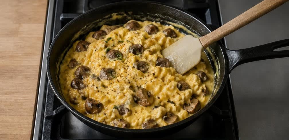Französisches Rührei mit braunen Champignons – Zubereitung Schritt für Schritt – Rührei stocken lassen