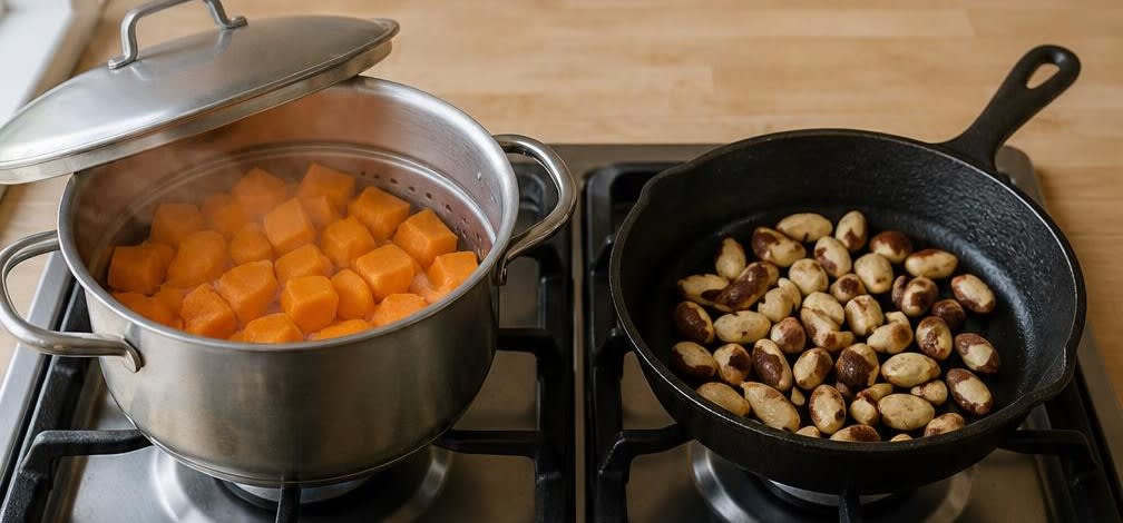 Brasilianisches Süßkartoffel-Püree mit Banane und Paranüssen – Zubereitung Schritt für Schritt – Süßkartoffeln dämpfen und Paranüsse rösten