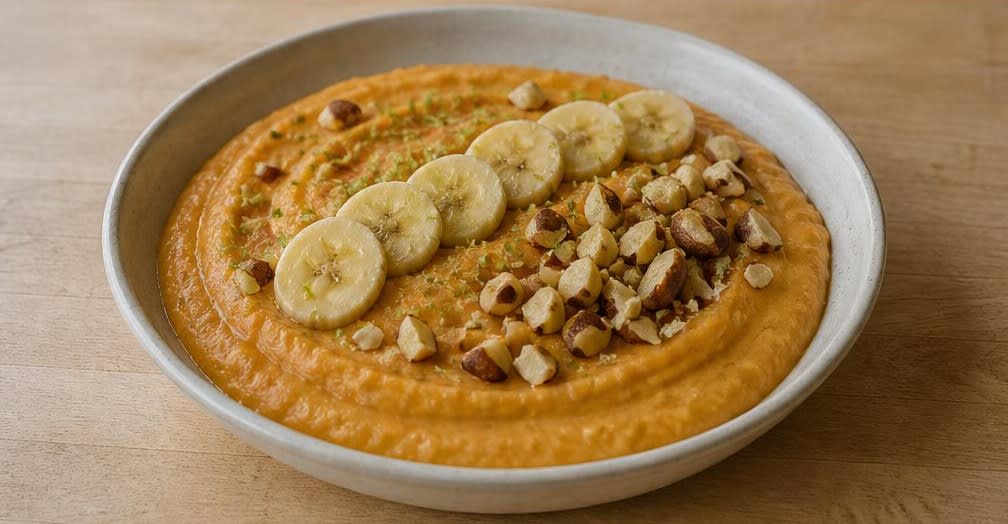 Brasilianisches Süßkartoffel-Püree mit Banane und Paranüssen – Zubereitung Schritt für Schritt – Anrichten