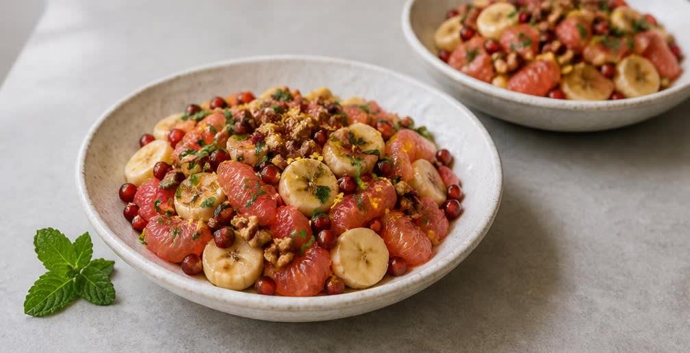 Grapefruit-Bananen-Salat mit Walnüssen und Kardamom-Honig – Zubereitung Schritt für Schritt – Anrichten