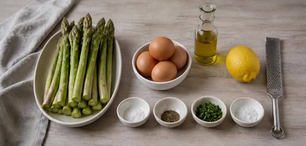 Gedämpfter Grüner Spargel mit wachsweichem Ei und Zitronen-Olivenöl – Zutaten