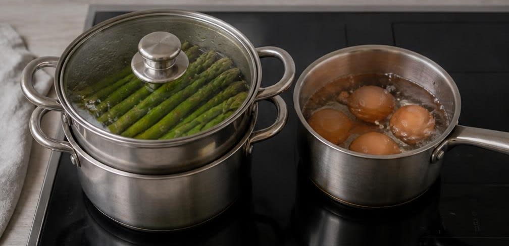 Gedämpfter Grüner Spargel mit wachsweichem Ei und Zitronen-Olivenöl – Zubereitung Schritt für Schritt – Spargel dämpfen, Eier kochen