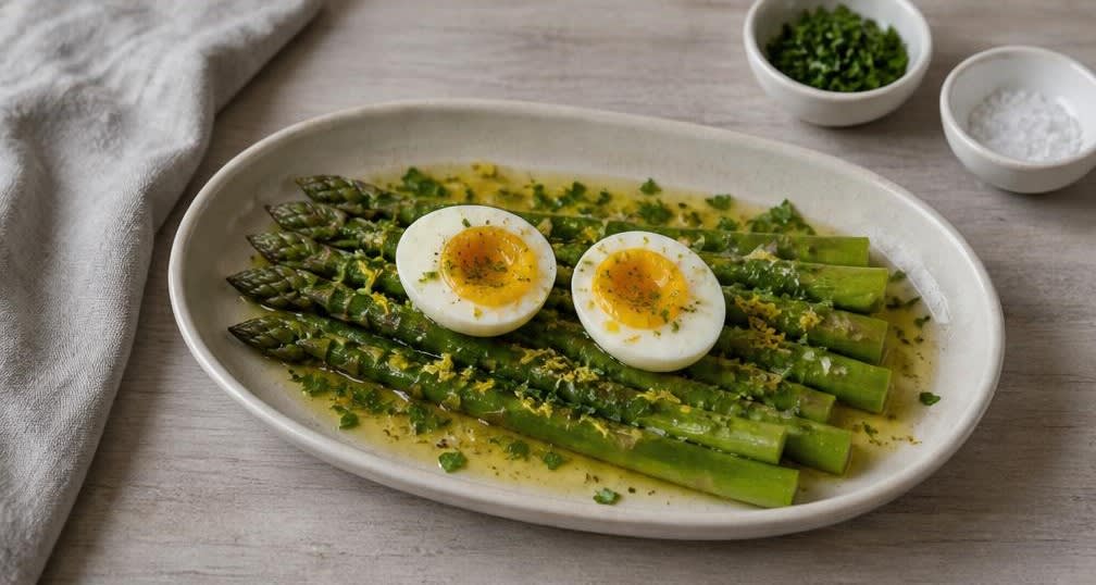 Gedämpfter Grüner Spargel mit wachsweichem Ei und Zitronen-Olivenöl – Zubereitung Schritt für Schritt – Anrichten