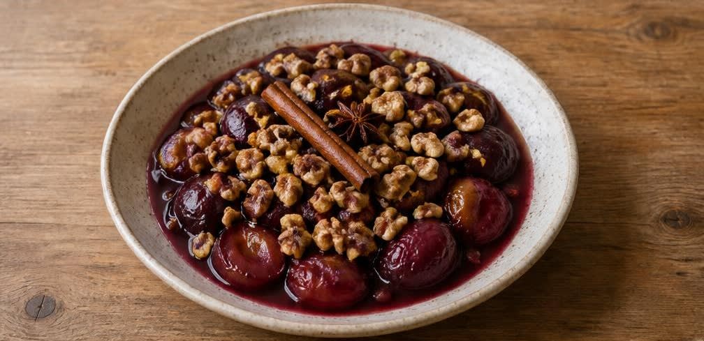 Österreichische gedünstete Zwetschgen mit Knusper-Walnüssen – Zubereitung Schritt für Schritt – Anrichten