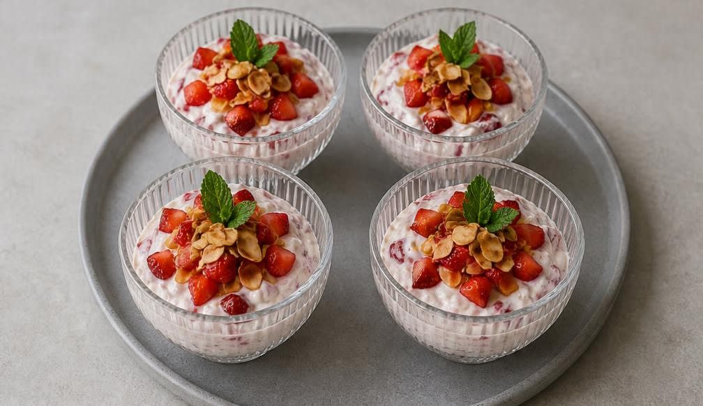 Osteuropäisches Quark-Schälchen mit Erdbeeren und Röstmandeln – Zubereitung Schritt für Schritt – Anrichten