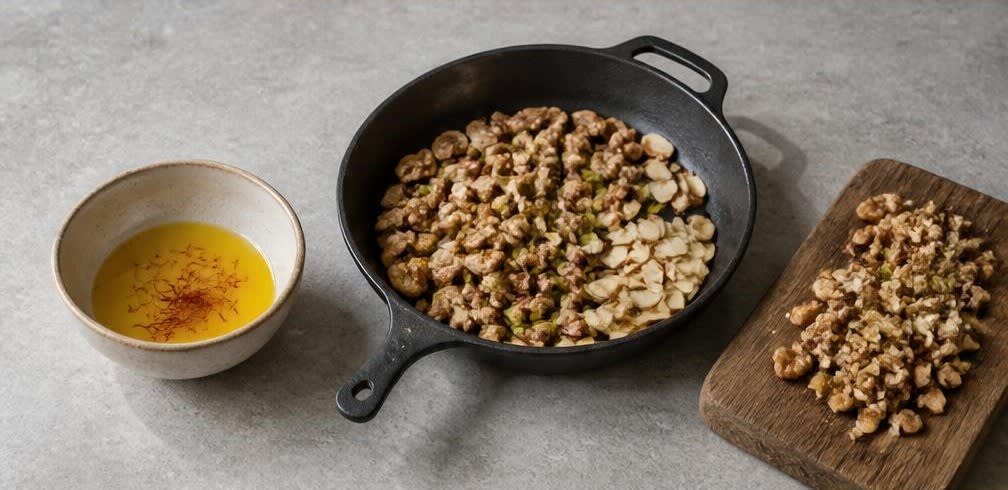 Gedämpfte persische Feigen mit Ahornsirup und Röstnüssen – Zubereitung Schritt für Schritt – Safran ansetzen und Nüsse rösten