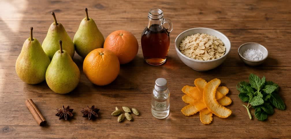 Marokkanisch pochierte Birnen in Gewürz-Orangensaft mit Mandeln – Zutaten