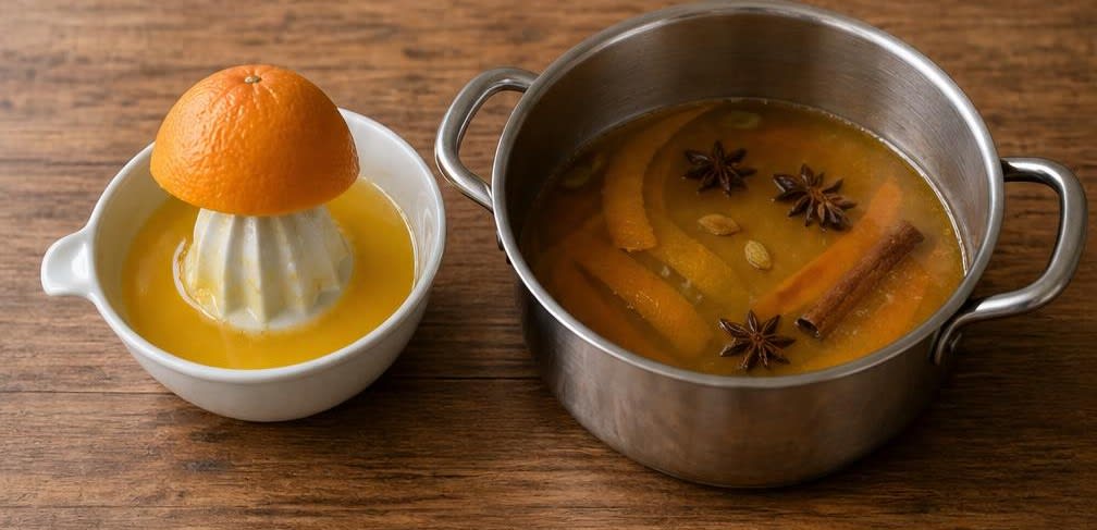 Marokkanisch pochierte Birnen in Gewürz-Orangensaft mit Mandeln – Zubereitung Schritt für Schritt – Gewürz-Orangensud herstellen