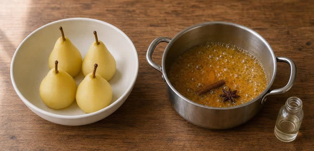 Marokkanisch pochierte Birnen in Gewürz-Orangensaft mit Mandeln – Zubereitung Schritt für Schritt – Reduzierten Gewürzsud herstellen